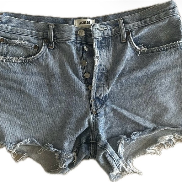 Agolde Light Blue Distressed Jean Shorts - Picture 4 of 7